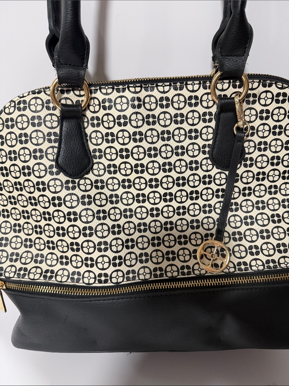 Patterned Black & Cream Dome Satchel Handbag by Iman